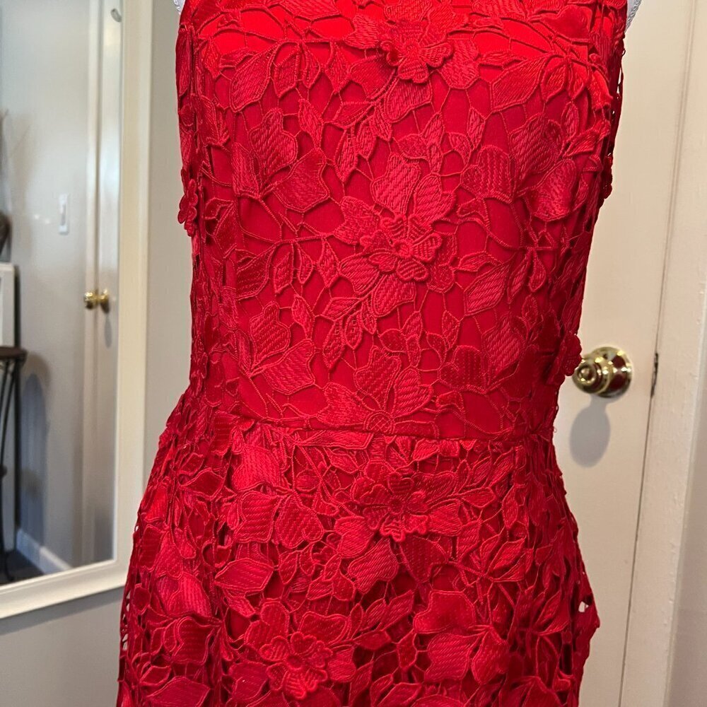 Betsy & Adam Red Crochet Lace Tulip Illusion Hem Cocktail Dress, Size 12 - Picture 4 of 16